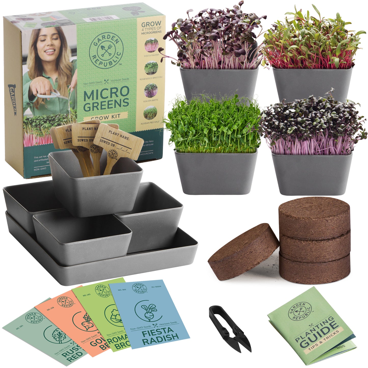 Garden Republic Microgreens Growing Kit - Micro Greens All-in-One Set with Non-GMO Seeds, Growing Trays and Planters - Microgreen Seed Tray and Soil Disks Set - Sprout Growing Kit