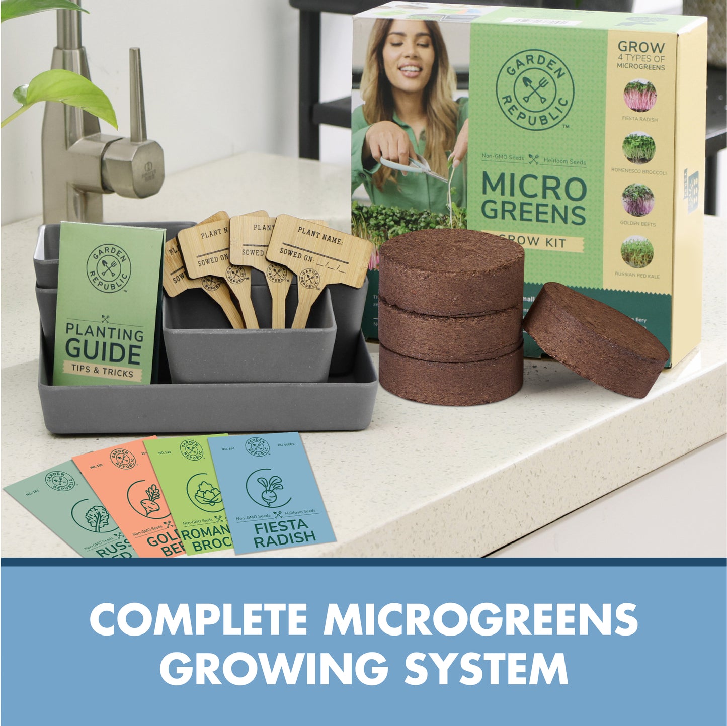 Garden Republic Microgreens Growing Kit - Micro Greens All-in-One Set with Non-GMO Seeds, Growing Trays and Planters - Microgreen Seed Tray and Soil Disks Set - Sprout Growing Kit